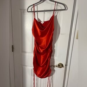 BETTER BE satin red cowl neck mini dress with side ties (M)